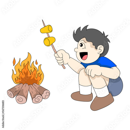 boy is nosy doing activities burning sausage food