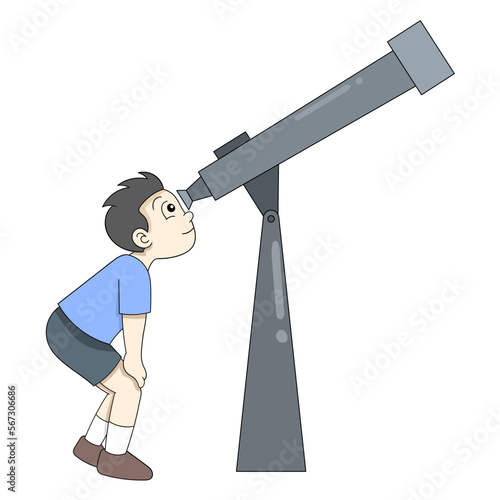 Boy is peeking through binoculars in the sky