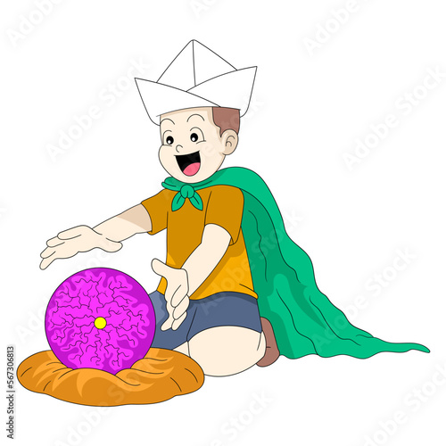 boy is sitting acting as a psychic is doing fortune telling
