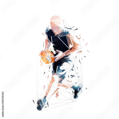 Basketball player with ball, low polygonal isolated vector illustration. Geometric basketball logo from triangles, front view