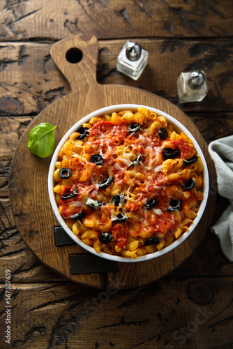 Homemade pasta bake with olives and tomato