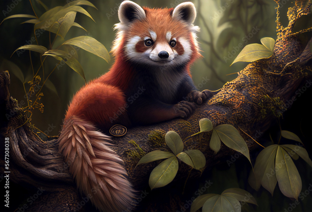 Naklejka premium Panda roux dans son environnement, panda roux dans la jungle, dans la forêt
