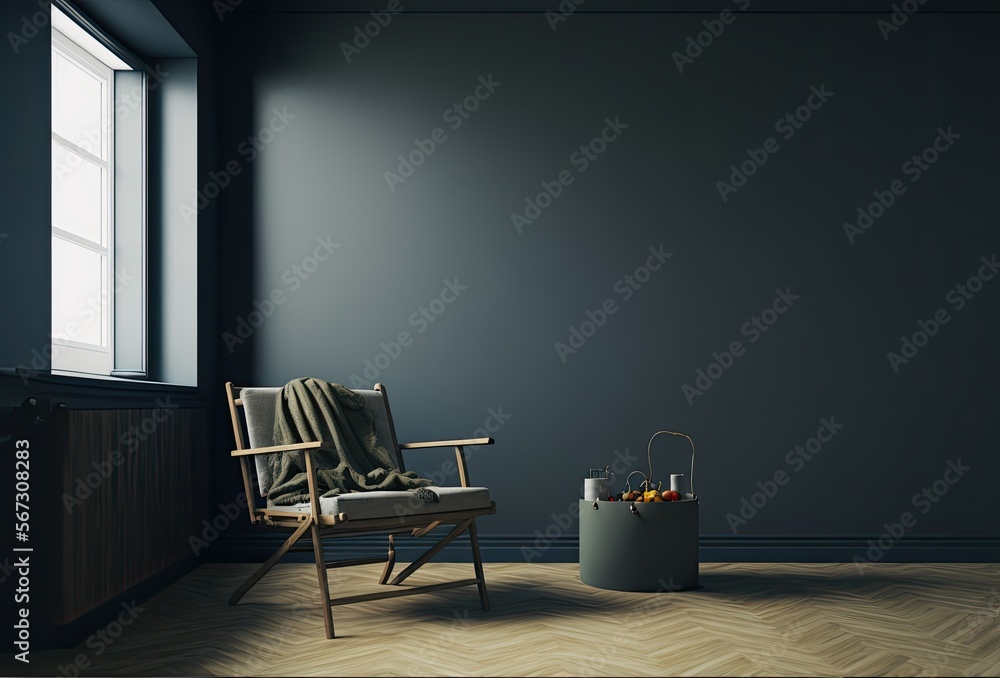 Home interior, dark room with minimal furniture. Generative AI. Home interior, dark room with minimal furniture. Generative AI.