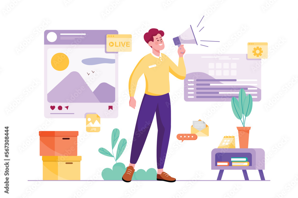 Content manager purple concept with people scene in the flat cartoon design. Man works on the content and addition of the company's websites. Vector illustration.