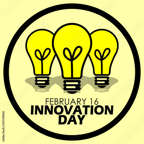Three bright light bulbs icon with bold text in a circle frame on a light yellow background to commemorate Innovation Day on February 16