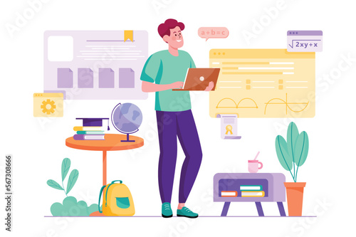 Education purple concept with people scene in the flat cartoon design. Student prepare his digital gadgets and books for online lesson. Vector illustration.
