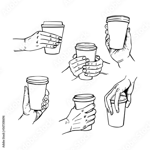 Coffee set. Cup of coffee in hands.