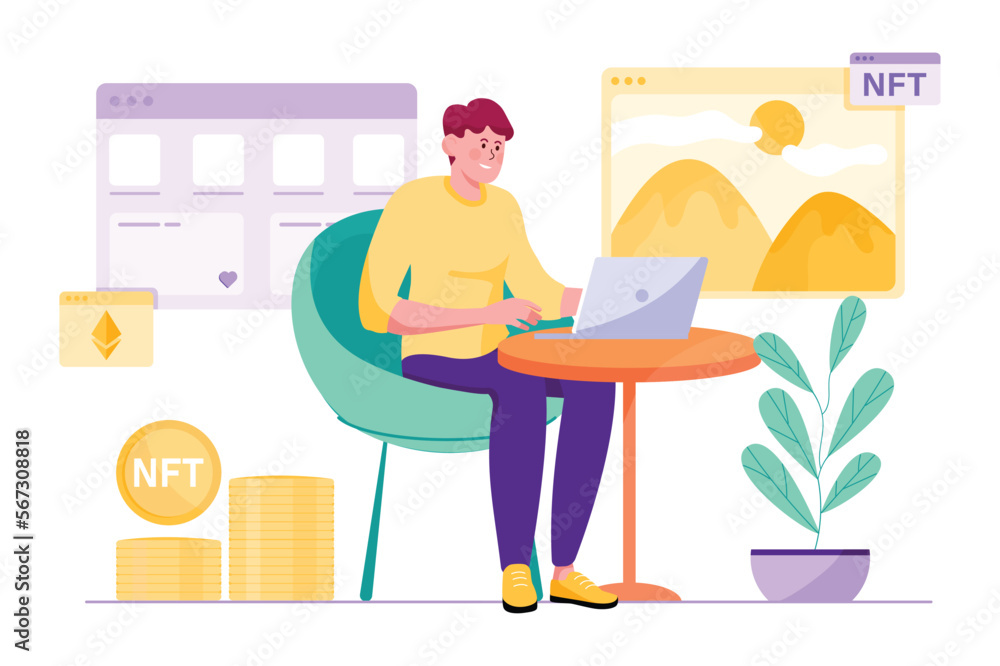 NFT purple concept with people scene in the flat cartoon design. Man digitizes various things on the Internet and earns money from it. Vector illustration. NFT purple concept with people scene in the flat cartoon design. Man digitizes various things on the Internet and earns money from it. Vector illustration.