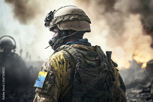 ukraine soldier in uniform from behind in warzone © artefacti