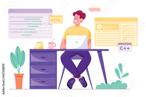 Programming software purple concept with people scene in the flat cartoon design. Programmer work on creating a new software for clients. Vector illustration.