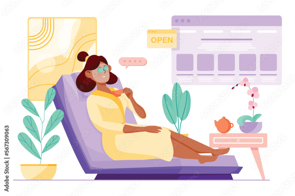 Spa salon purple concept with people scene in the flat cartoon design. Woman is relaxing in a spa salon after hard work day. Vector illustration. Spa salon purple concept with people scene in the flat cartoon design. Woman is relaxing in a spa salon after hard work day. Vector illustration.