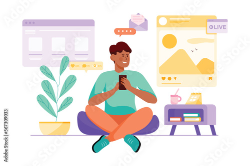 Social media purple concept with people scene in the flat cartoon design. Boy is checking news on the social network using a smartphone. Vector illustration.