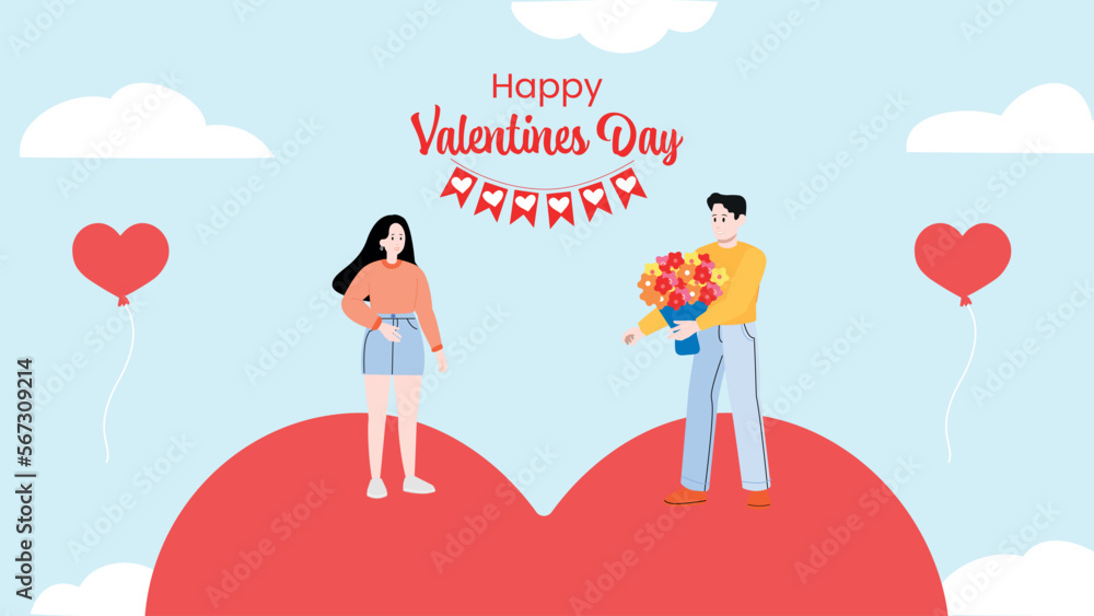 Happy Valentine's day greeting banner design. Cute boy giving flowers to girl. Heart and sky concept idea. Cartoon lovely couple, vector illustration. Happy Valentine's day greeting banner design. Cute boy giving flowers to girl. Heart and sky concept idea. Cartoon lovely couple, vector illustration.