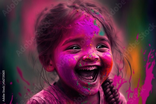 Celebration of Holi festival day colorful illustration of child covered in paint illustration generative ai