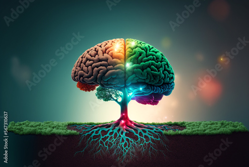 Beautiful illustration of the symbolic magic tree of life.The human brain bursts into colorful tree roots. Generative AI.