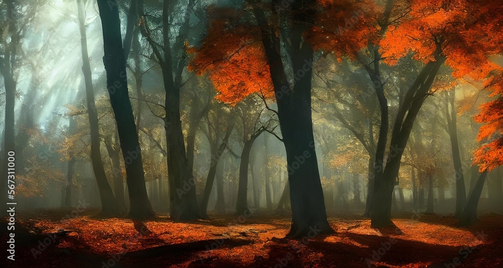 秋の紅葉と木漏れ日の森_41