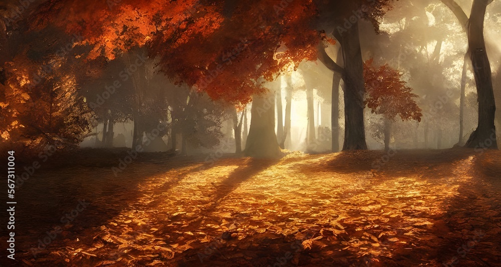 秋の紅葉と木漏れ日の森_40