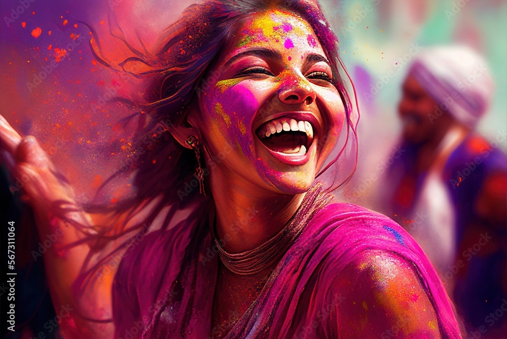 Celebration of Holi festival day colorful illustration of young woman covered in paint illustration generative ai