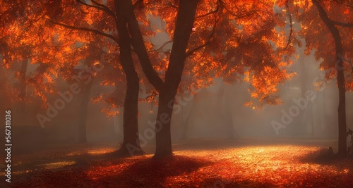 秋の紅葉と木漏れ日の森_36