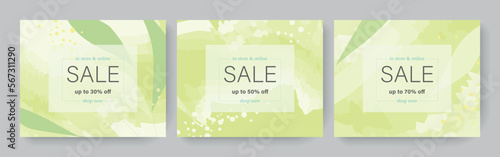Set of editable web templates for spring sale. Minimalistic vector illustrations in pastel warm green colors with botanical and abstract elements.	