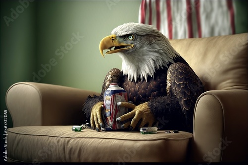 eagle sitting in sofa drinking beer watch a american football game on tv, ai generative content