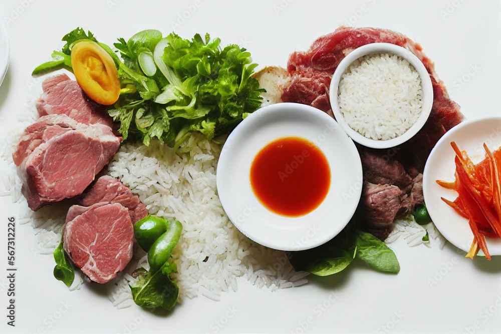 typical brazilian food close up top view with rice, meat bean, salad over white surface. ai generative content typical brazilian food close up top view with rice, meat bean, salad over white surface. ai generative content