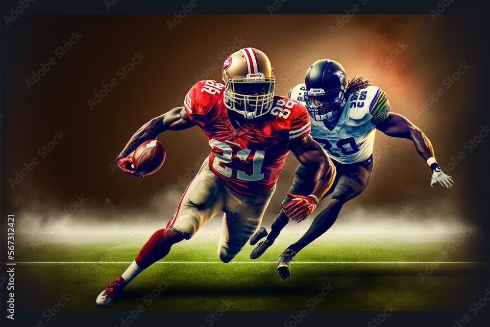 two american football players playing a game, one of them in a blue uniform and the other in a red uniform. AI generative content two american football players playing a game, one of them in a blue uniform and the other in a red uniform. AI generative content