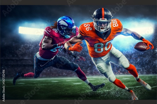 two american football players playing a game, one of them in a blue uniform and the other in a red uniform. AI generative content
