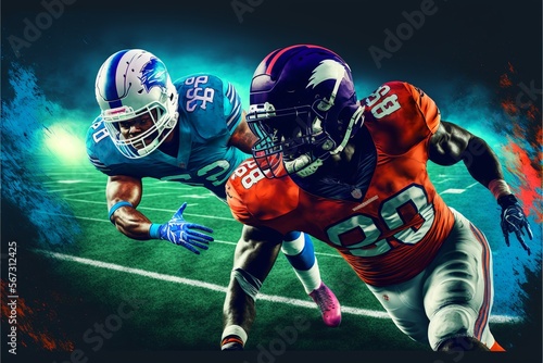 two american football players playing a game, one of them in a blue uniform and the other in a red uniform. AI generative content