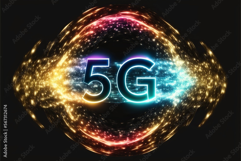 5G logo speed concept with binary data flying at ultra high speed. generative ai