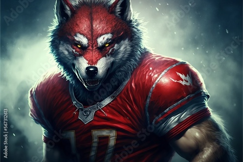 wolf as a american football player dressed with a red uniform for a game. ai generative content photo