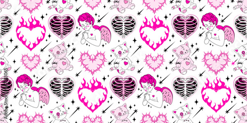 Fun e-girl goth wallpaper, glam pink y2k art. Happy valentines day, weird goth love concept. Heart, fire, angel in tears- cupid, ribs, emo toy. Vector glamour line art, light background.