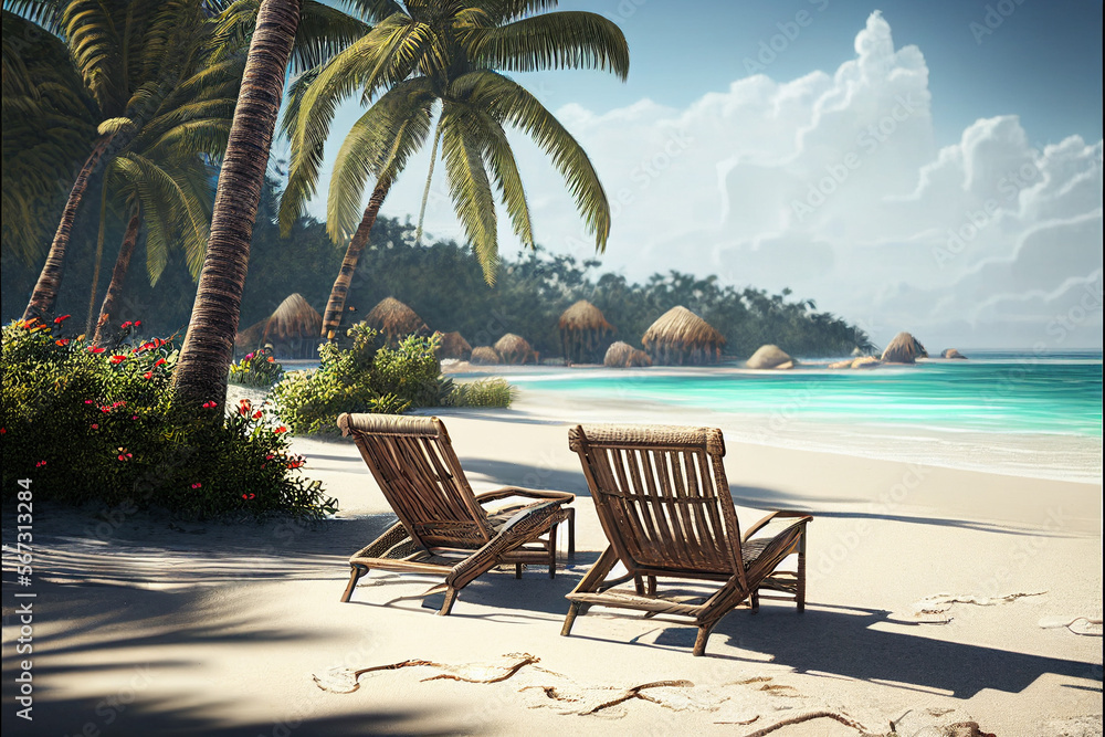Sun loungers on a picturesque tropical beach. AI generated.