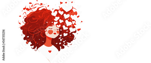 Valentines girl with wild hair full of hearts vibrant red illustration, generative ai