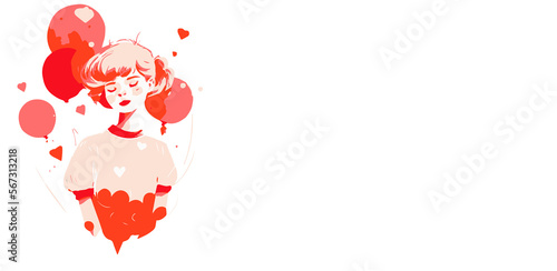 Girl with a lot of red balloons valentines 2023, generative ai