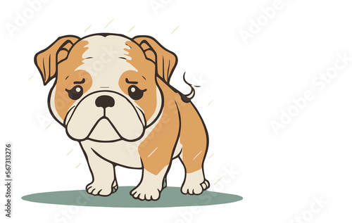 Bulldog stading in the rain and looking sad simple illustration, generative ai
