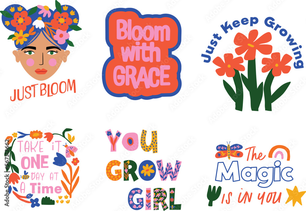 Cute set of colorful matisse style spring illustrations of floral motifs and positive slogans. Graphic for print on T-shirt, Cards, Poster, Greeting card, sticker. 