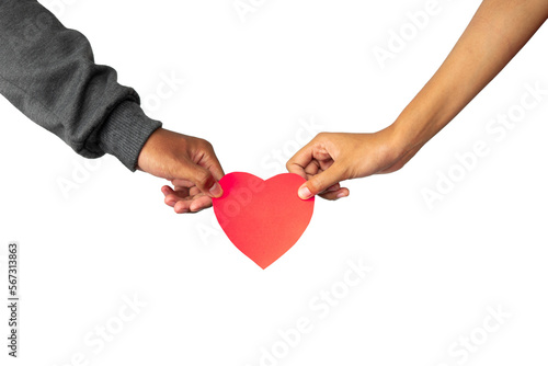 two hands holding heart. couple holding red love shape