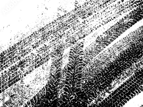 Black and white vector grunge background with texture of tire tracks on snow. UHD 4K wallpaper. For screen, desktop, site design, overlay, stencil, background, stylization, design and polygraph design