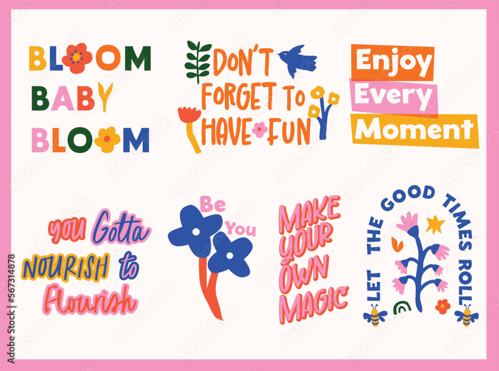 Cute set of colorful matisse style spring illustrations of floral motifs and positive words. Perfect for print on T-shirt, Cards, Poster, Greeting card, sticker. 