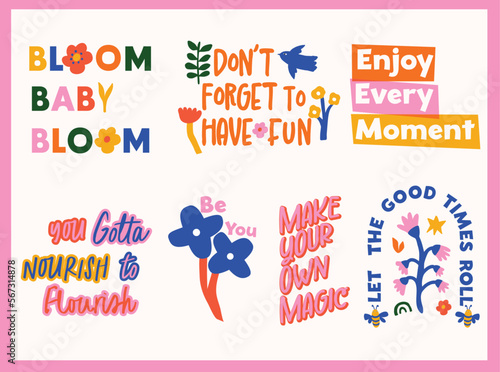 Cute set of colorful matisse style spring illustrations of floral motifs and positive words. Perfect for print on T-shirt, Cards, Poster, Greeting card, sticker. 