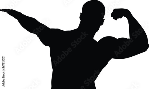 black silhouette athlete bodybuilder with raised left muscular arms