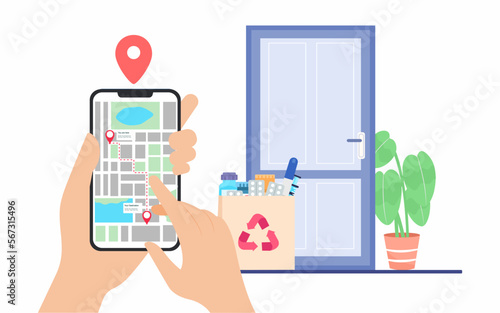 Hand holding a smartphone with an open map to see location, Deliver Medicines at Doorstep, Online safe delivery. 