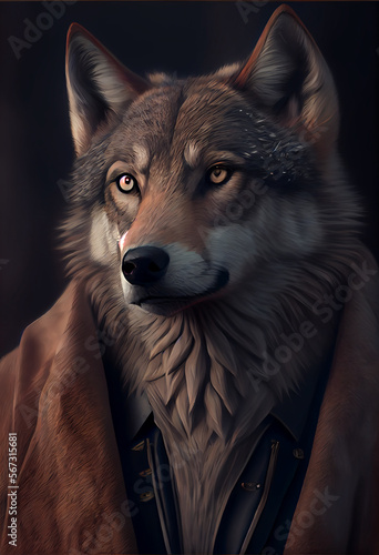 illustration portrait of mister wolf wearing coat. Generative AI.