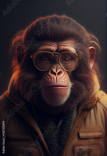 illustration portrait of ape wearing jacket. Generative AI.