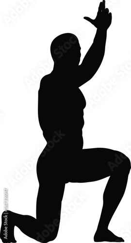 athletic bodybuilder stands on knee hand at top black silhouette