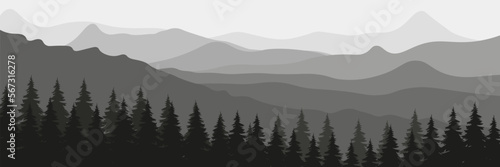 Horizontal mountain landscape with trees. Panoramic view of ridges and forest in fog, vector illustration.