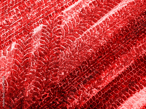 Red and white vector grunge background with texture of tire tracks on snow. UHD 4K wallpaper. For screen, desktop, website design, overlay, stencil, background, stylization, design and polygraph