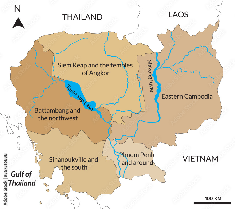 Map of Cambodia regions. Phnom Penh and around, Battambang and the northwest, Siem Reap and the temples of Angkor, Eastern Cambodia, Sihanoukville and the south and border countries. 