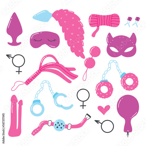 Set of sex toys. Collection of toys for adults. Vector illustration. Flat style. Sex shop set. Set of erotic elements. BDSM toys.